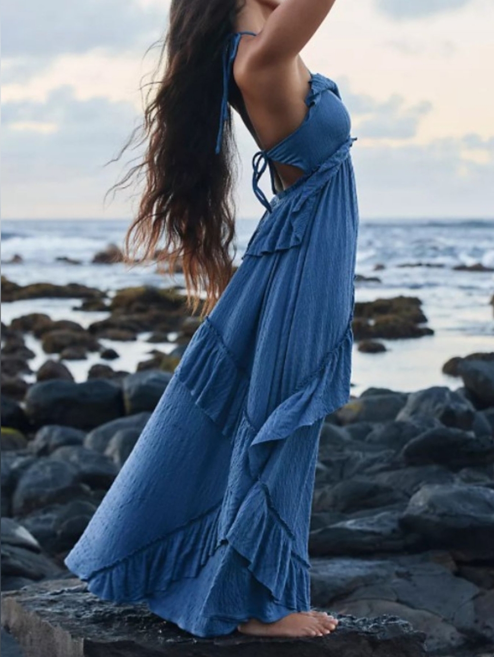 Blue Bohemian Tie-Back Maxi Dress Blue Size S M L XL